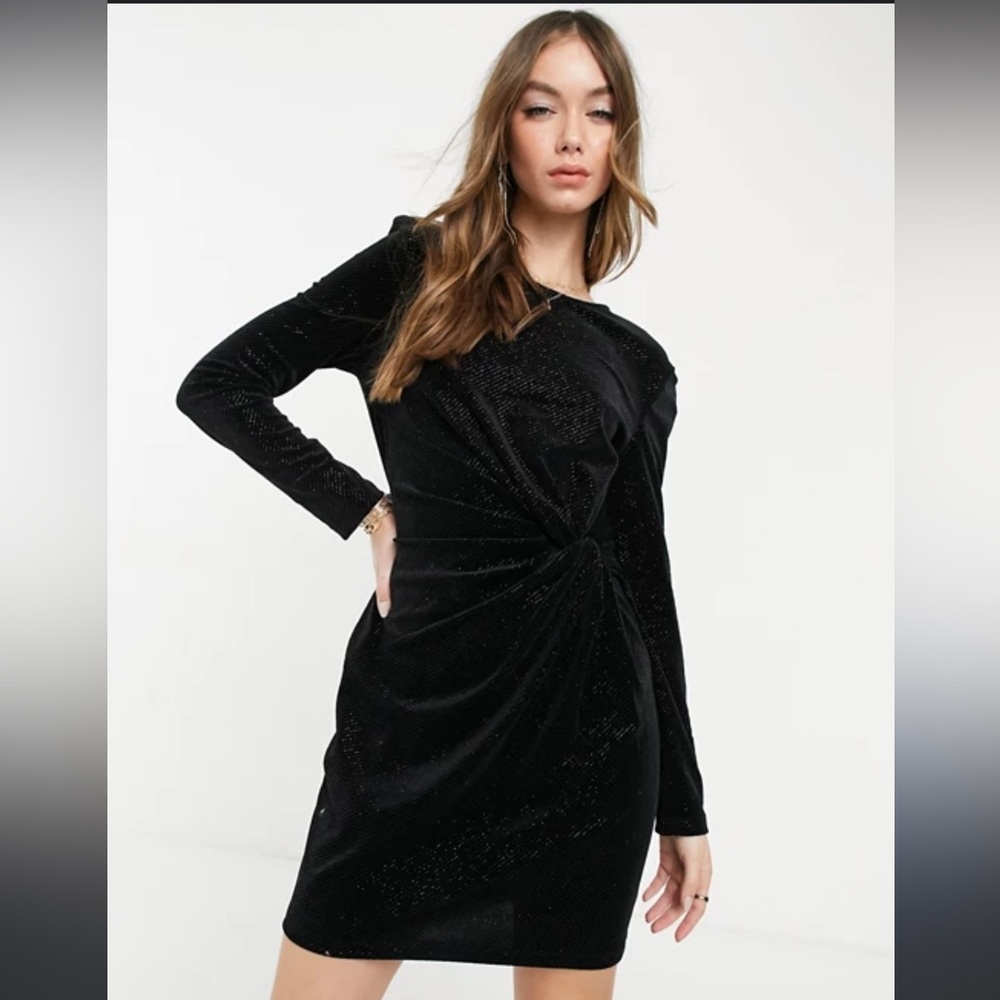 & Other Stories NWT Glitter Velour Shoulder Pad Long Sleeve Mini Dress Black, 4